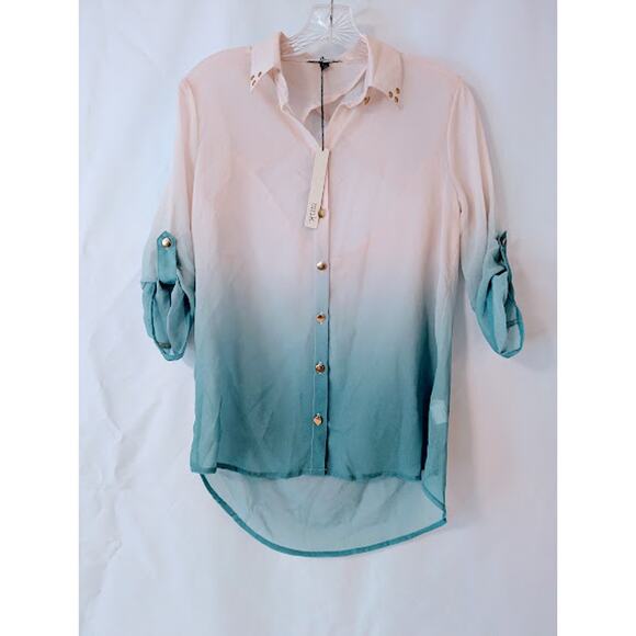 MNK, beige and aqua shear Ombre blouse, Open-Back button-up sleeves Small NWT - Picture 1 of 7